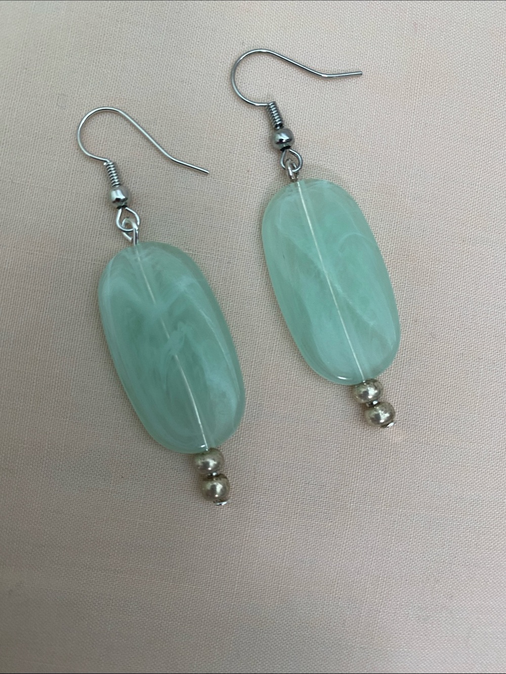 Mint Oval Drop Earrings with Silver Bead Accents - Women's Jewelry